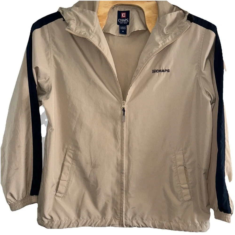 Chaps Windbreaker‎ Jacket Mens Medium Tan Navy Blue Packable Hooded Full Zip